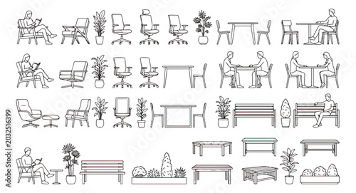 Konstfotografi Minimalist architectural furniture vector set, modern office and cafe interior l