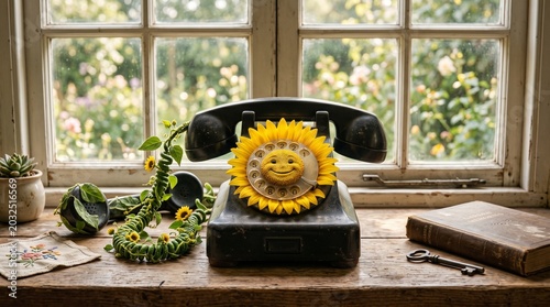 Vintage black rotary phone with sunflower dial face sits on rustic wooden windowsill overlooking garden flowers while vine cord winds around receiver near old book key and textile napkin.