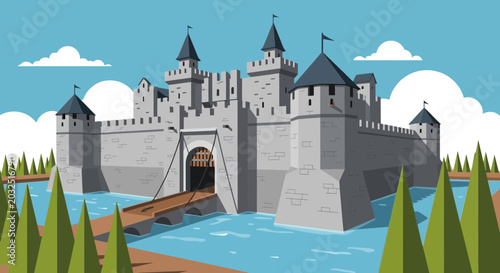 Obraz na płótnie Medieval Castle Fortress with Drawbridge and Moat, Flat Design Illustration