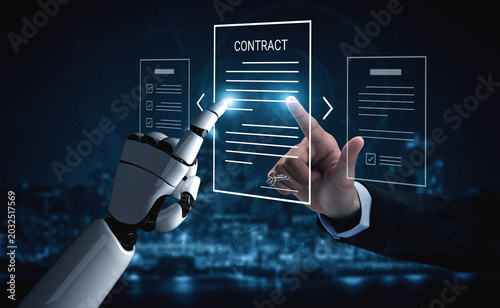 Foto A robot hand interacts with a digital contract alongside a human hand, showcasing the modern blend of human and technology in business agreements and innovative interactions