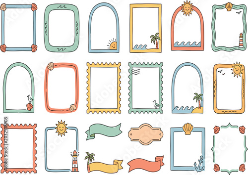 Canvas Print Collection of beach summer hand drawn doodle frames, vintage sea borders vector