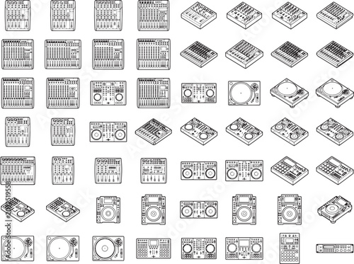 Collection of DJ equipment and audio mixer graphic illustrations in a precise grid layout, showcasing various electronic music production tools and audio interface devices.