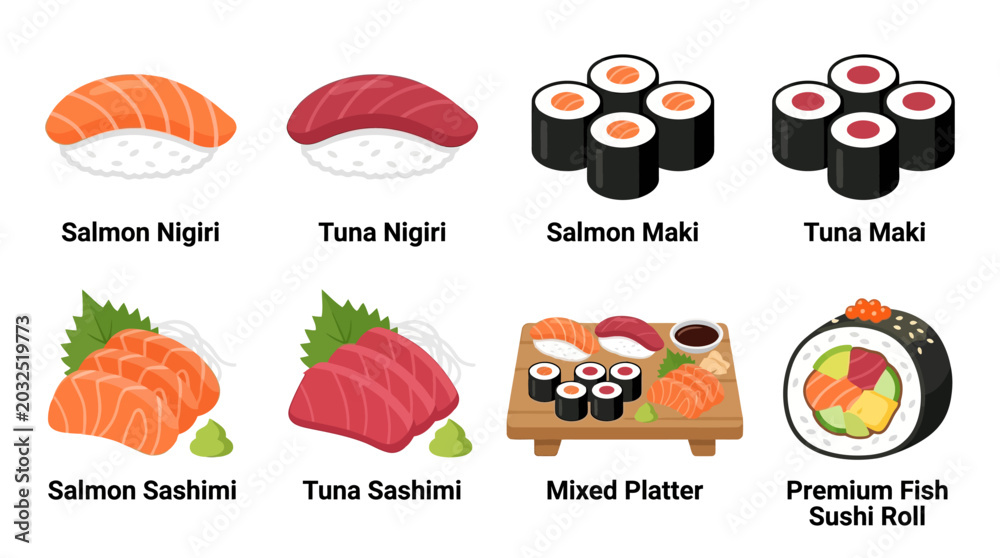 Fototapeta premium Vector set of various sushi types on a plate including salmon and tuna sushi rolls sashimi and nigiri for a food illustration