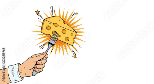 Piece of Swiss cheese with holes impaled on a metal fork in front of a bright comic book style explosion for food advertising and promotion.