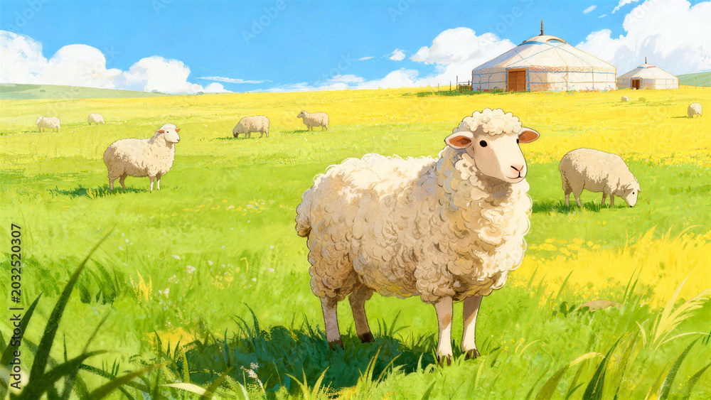 Naklejka premium Sheep grazing in a pastoral landscape