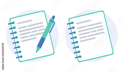 Spiral notebook vector illustrations with lined paper sheet and ballpoint pen for writing and taking notes