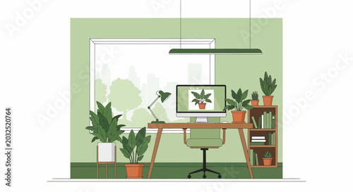 Sustainable home office workspace with indoor plants and garden view