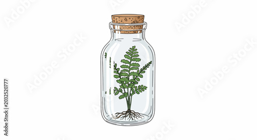 Tiny green fern plant in glass apothecary jar with cork