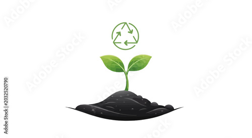 Young green sprout growing from soil with recycling symbol