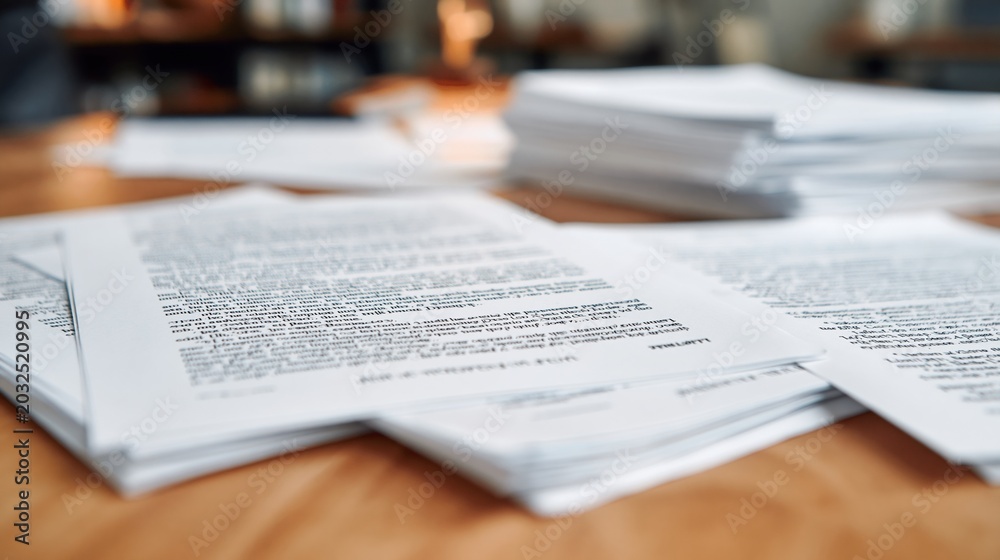 Obraz premium Stacks of Documents and Papers on a Wooden Desk in an Office Setting