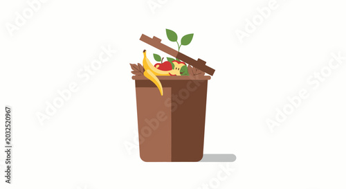 Brown organic waste bin with food scraps and sprout