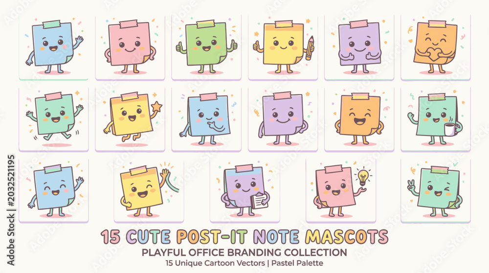 Obraz premium Collection of 15 Cute Postit Note Mascots for Playful Office Branding.