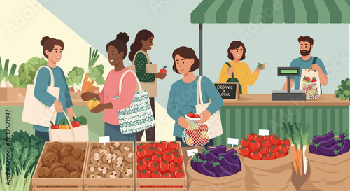 Customers buying fresh produce at outdoor farmers market