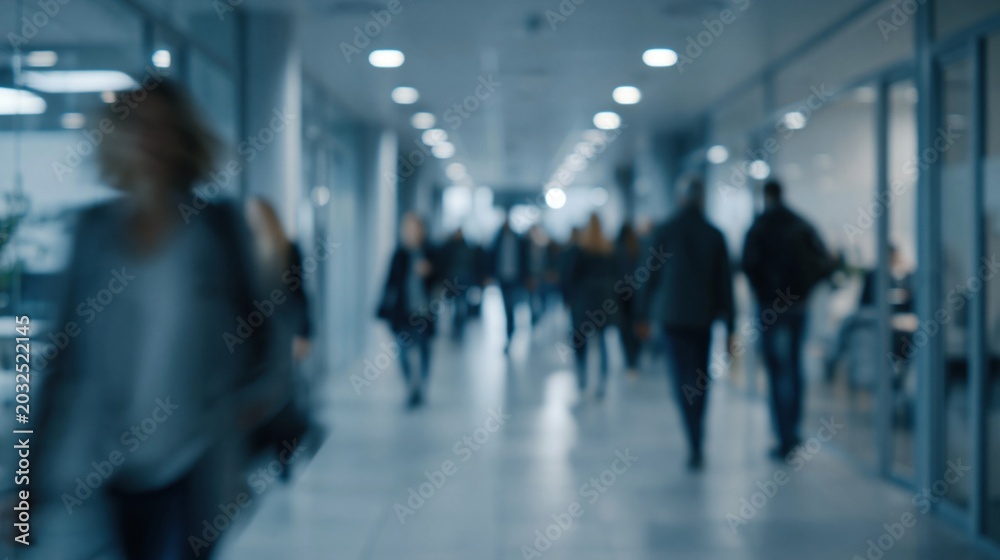 Fototapeta premium Blurred figures of people walking through a modern, brightly lit office hallway with glass partitions