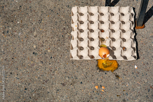Tableau sur toile Empty cardboard egg carton lying on a concrete pavement, featuring a single broken raw chicken egg with yolk and albumen spilled onto the ground, visible shells in bright direct sunlight
