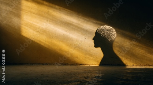 Shadow of a human head with a brain figure in a room with light beams during the day