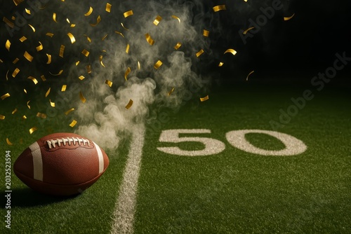 Football on a vibrant green field with confetti and smoke. Celebrating a significant milestone or victory on the gridiron.
