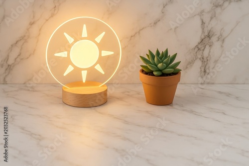This glowing sun lamp illuminates a healthy succulent plant. A bright symbol of growth and nature on a marble background.