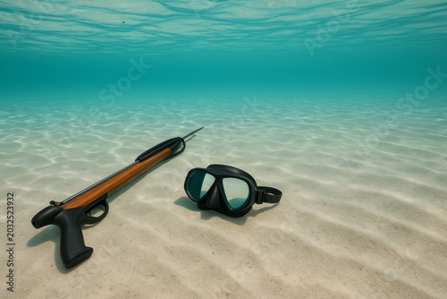 Spearfishing equipment rests on the undisturbed sandy ocean floor. Clear turquoise water hints at the allure of underwater adventure.