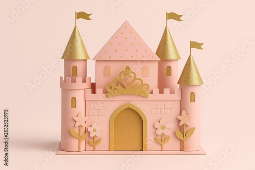 Lovely pink and gold princess castle for magical childhood dreams. Perfect for fantasy concepts, children's events, and royalty themes.