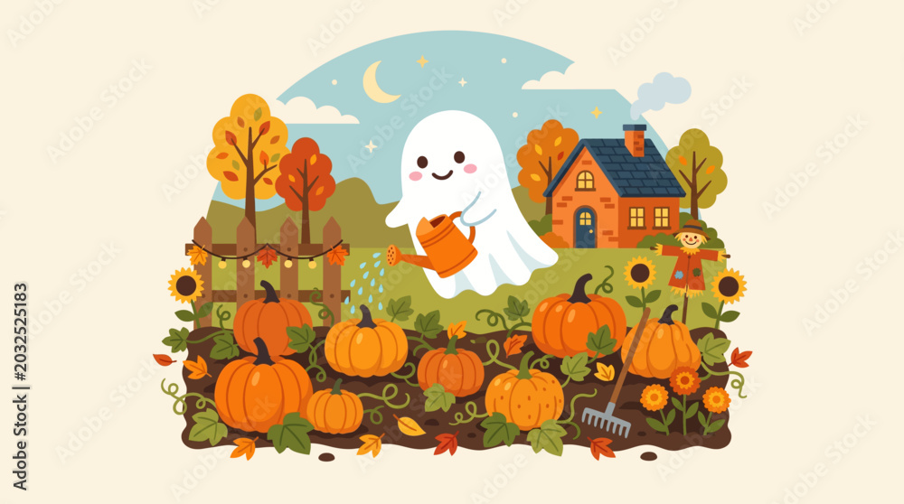 Fototapeta premium A cute ghost tends to a vibrant pumpkin patch, celebrating the whimsical spirit of Halloween under the soft glow of an autumn moon in a charming garden setting