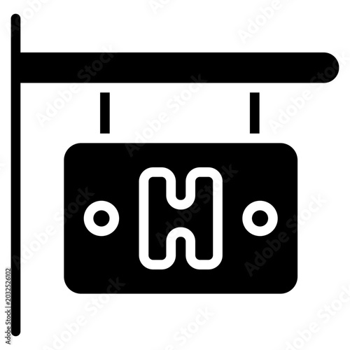 Hotel Sign Glyph Black Silhouette Icon Design Vector - Hanging storefront sign with letter H representing hotel, accommodation, and lodging services