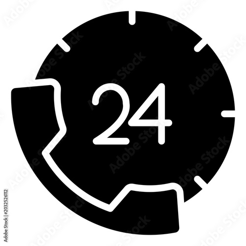 24 Hour Clock Glyph Black Silhouette Icon Design Vector - Circular clock with 24 mark representing round the clock service, availability, and nonstop operation
