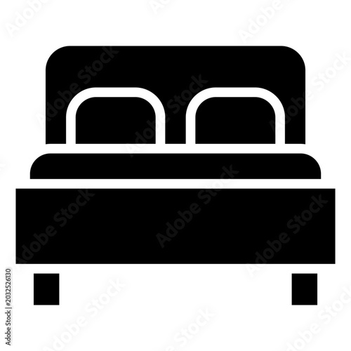 Double Bed Glyph Black Silhouette Icon Design Vector - Double bed with headboard and pillows representing hotel room, sleep, and accommodation comfort