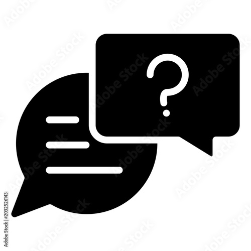 FAQ Chat Glyph Black Silhouette Icon Design Vector - Overlapping speech bubbles with question mark representing customer support, inquiry, and online communication