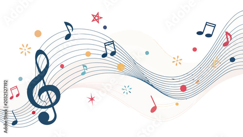 Elegant continuous line melody artwork with musical notes and colorful decorative elements on white background