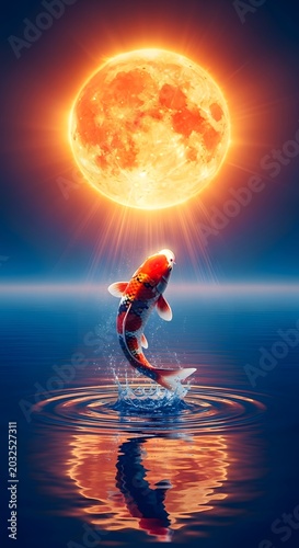 Koi fish jumping out of the water under a bright full moon in a serene ocean scene