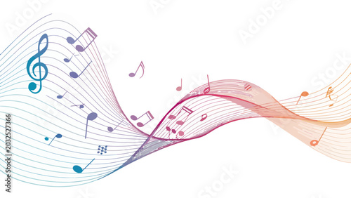 Elegant music artwork with flowing lines and colorful musical notes on white background