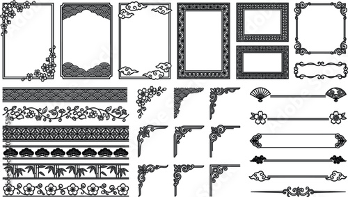Foto Traditional Japanese borders and frames vector set with oriental line art decora
