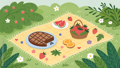 Delicious outdoor picnic setup with cake fruits and basket on yellow mat in green garden