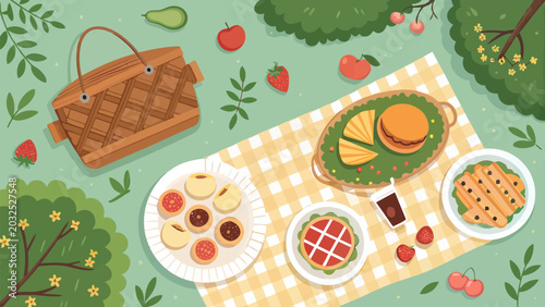 Delicious outdoor picnic setup with food and drinks on a yellow gingham blanket in a park
