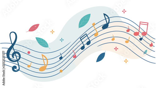 Vibrant musical notes and colorful leaves on wavy staff lines symbolizing harmony and creativity in a whimsical design