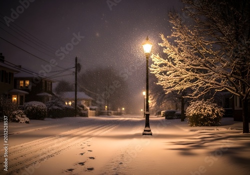 Serene winter night scene with snow-covered houses and streetlights on a quiet neighborhood street