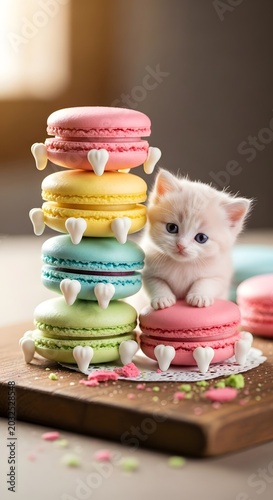 Small white kitten playing with a stack of colorful macarons on a wooden board indoors.