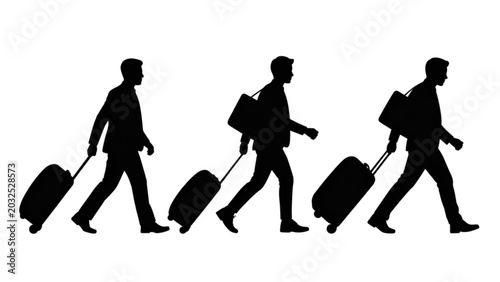 Foto Four travelers walking with luggage silhouettes Vector