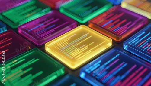 Futuristic neon data blocks with glowing code interfaces in a colorful cyberpunk technology environment. High-tech 3D render representing AI, programming, cloud computing, and digital innovation.