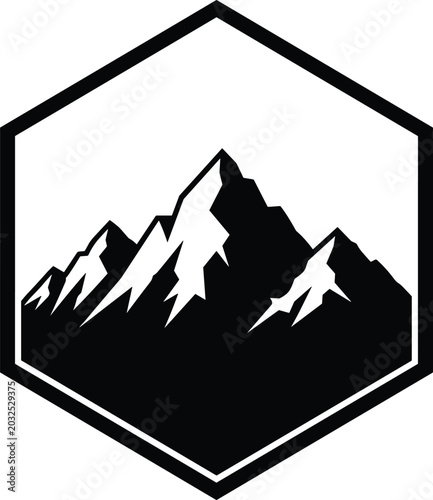 Mountain peak logo, hexagon badge, outdoor adventure emblem, nature silhouette, hiking symbol, climbing icon, alpine summit, wilderness travel, vector.