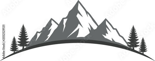 Mountain peak landscape with pine trees, outdoor adventure nature background, majestic alpine silhouette, wilderness exploration travel vector illustration.