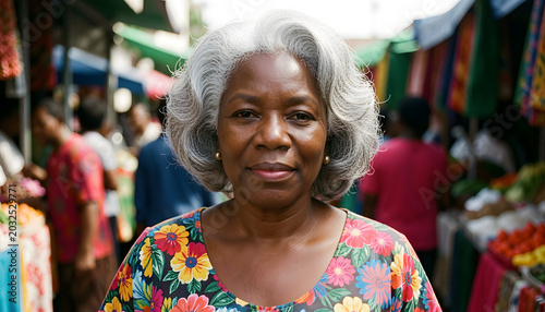 Portrait of a confident senior African woman with natural gray hair standing in a vibrant outdoor street market. Authentic lifestyle photography with colorful clothing, warm expression, photo, macro