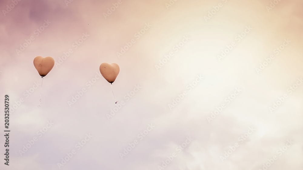 Obraz premium Two heart shaped balloons floating serenely against a soft, pastel sky, symbolizing love and romance.