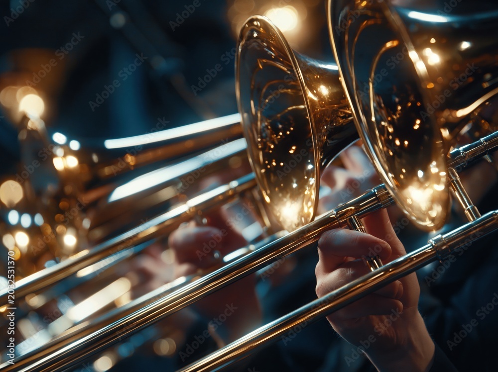 Obraz premium Close-up of a brass trombone section playing in a dimly lit orchestra with warm bokeh lights