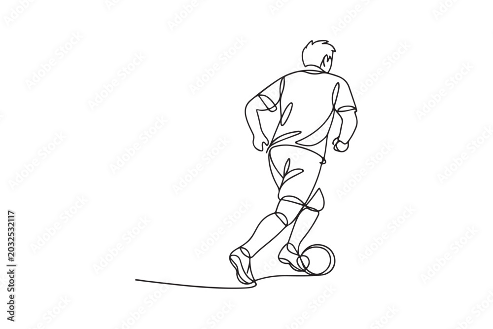 Fototapeta premium Single line vector of athlete kicking soccer ball on field.
