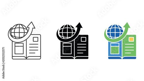 Global business growth concept icon set featuring outline solid and colorful globe with book symbol for international education market research and worldwide publishing industry