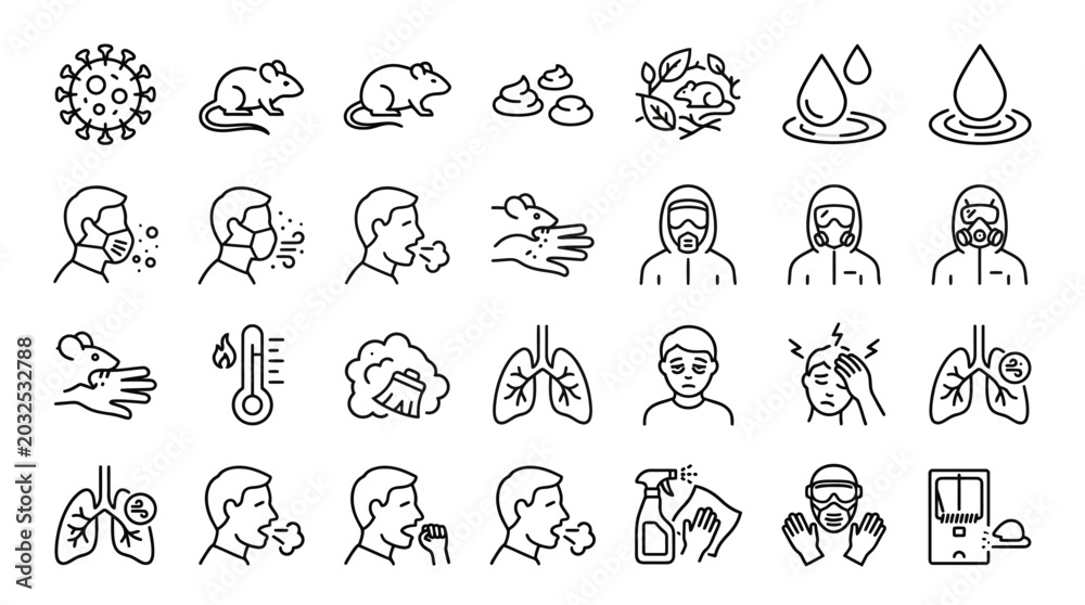Fototapeta premium Hantavirus Disease Transmission and Prevention Line Icon Set - Rodent-Borne Illness, Symptoms, and Safety Measures Vector Illustration