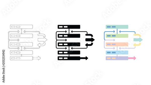 Schilderij op canvas Complex workflow process flowchart with directional arrows and data boxes in lin