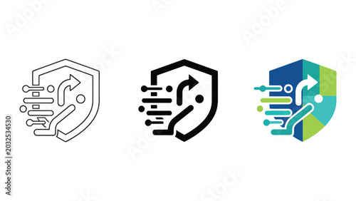Cybersecurity defense shield icon with data packets and routing flow paths represented as modern vector graphics for network security and digital infrastructure protection concepts and monitoring